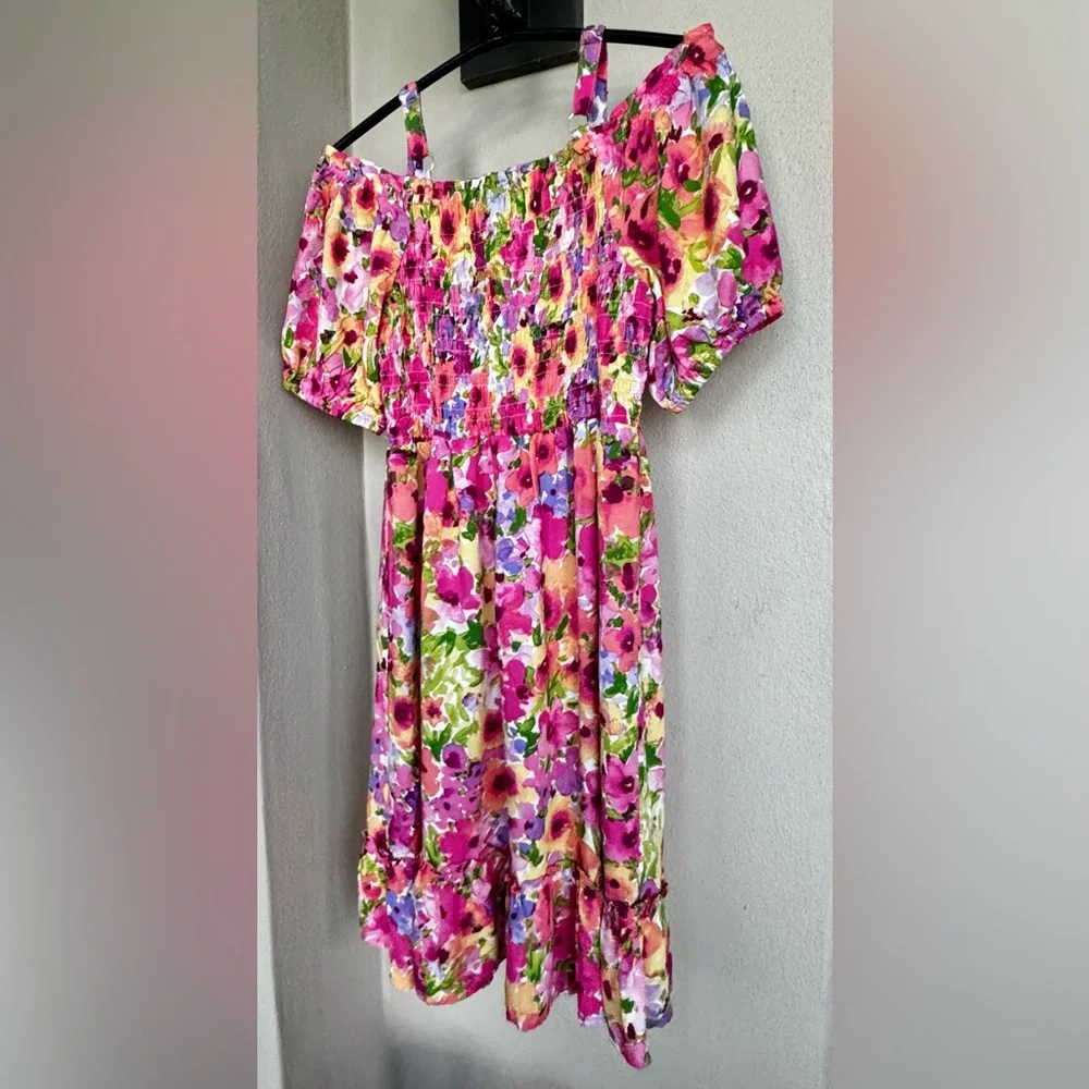 The Childrens Place Off Shoulder Short Sleeve Dress Pink & Yellow Floral 10/12 - Picture 2 of 16